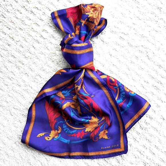 Vintage Elaine Gold silk scarf classic 80's luxury purple gold elegant rectangle - Picture 6 of 6